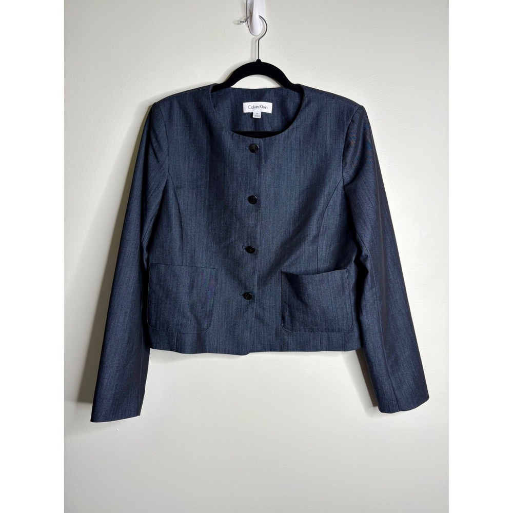 Calvin Klein Blazer Cropped Jacket Career Office Buttonβ Front Navy Blue Size 14